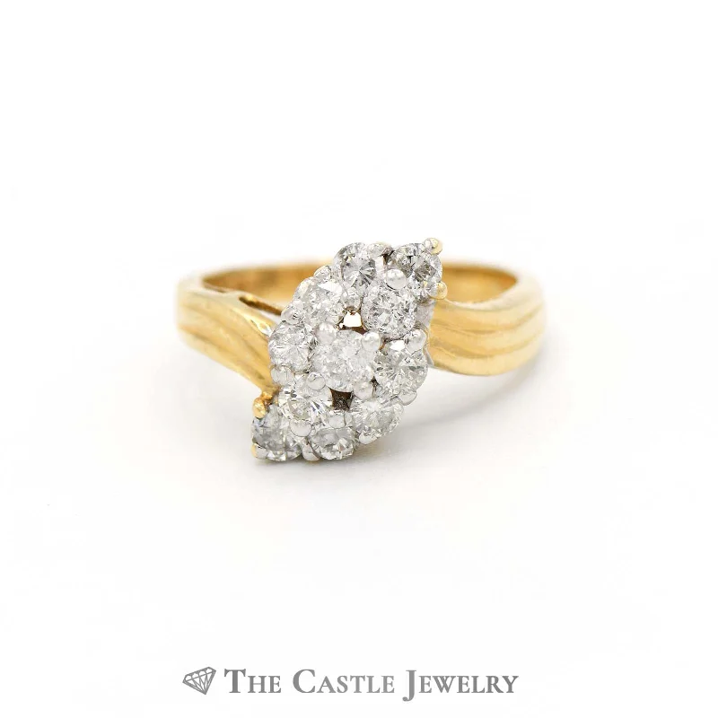 ladies rings trendy minimalist vibe -3/4cttw Waterfall Diamond Cluster Ring in 14k Yellow Gold Bypass Mounting