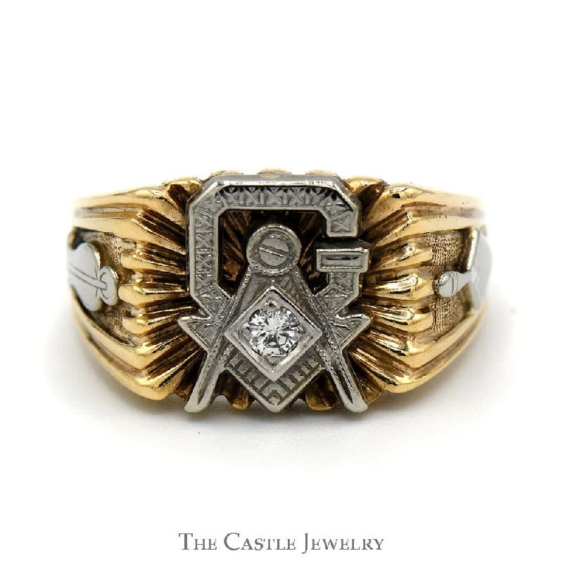 ladies rings timeless classic style -Two Tone Diamond Masonic Ring in 10k White and Yellow Gold