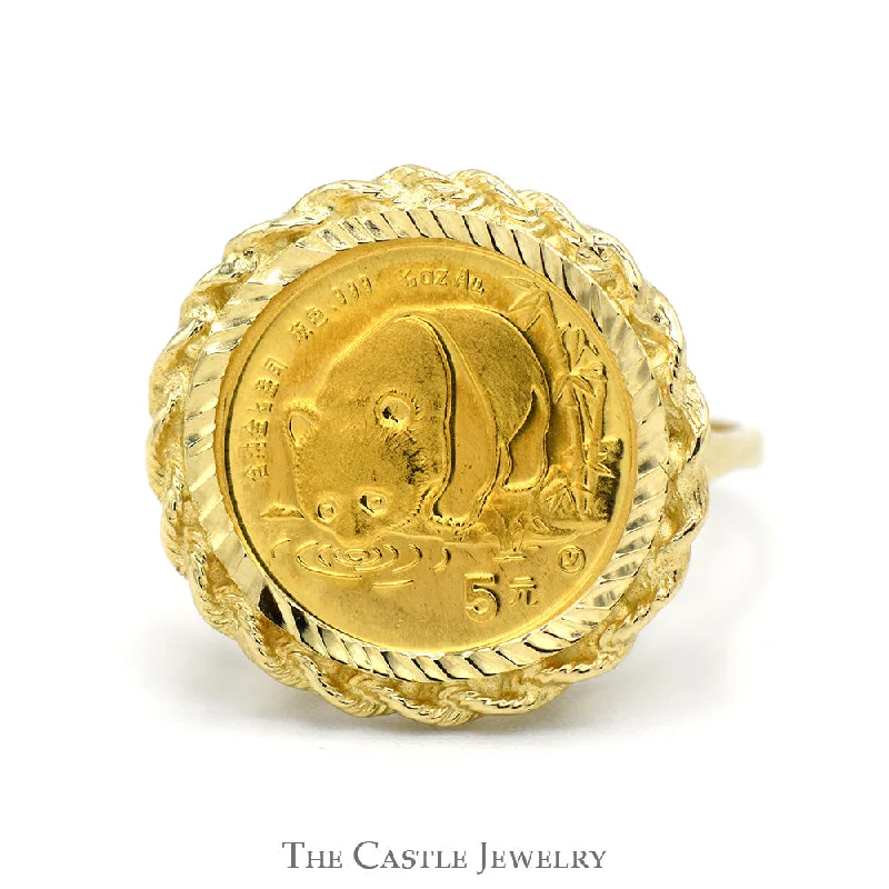 ladies rings for wedding day -24K Gold 1987 Panda Coin Ring in 14k Yellow Gold Rope Designed Bezel Mount