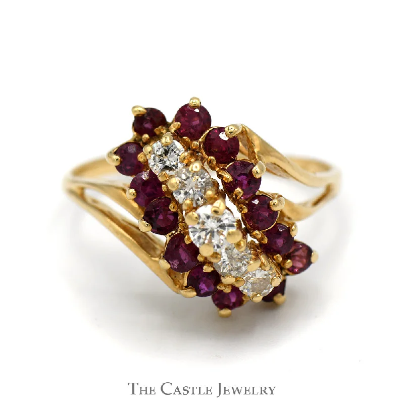 ladies rings budget friendly luxury -Diamond & Ruby Waterfall Cocktail Cluster Ring in 14k Yellow Gold Split Shank Setting