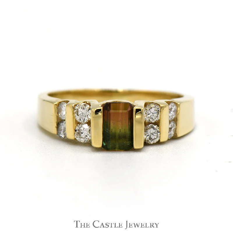 ladies rings stylish affordable -Emerald Cut Watermelon Tourmaline Ring With Channel-Set Diamonds .38 CTTW In 14KT Yellow Gold