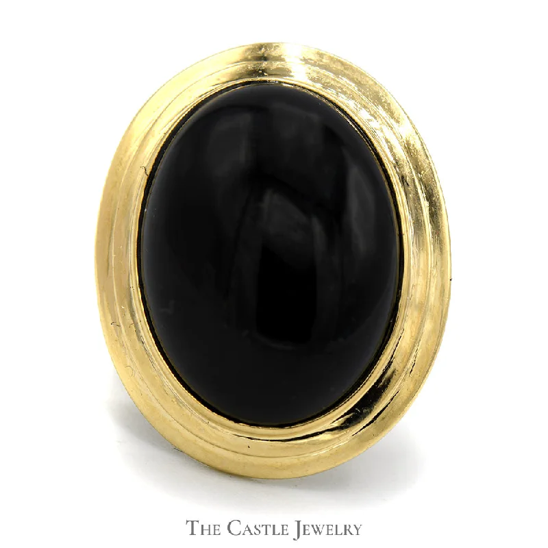 ladies rings with red ruby -Large Oval Cabochon Black Onyx Ring in 14k Yellow Gold