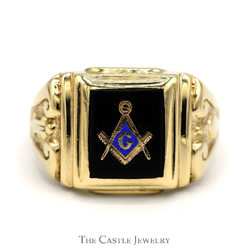 ladies rings with onyx black -Black Onyx Square & Compass Masonic Ring with Blue Enamel in 10k Yellow Gold Square Shaped Mounting