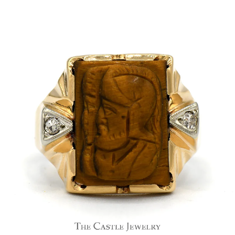 ladies rings for wedding day -Men's Intaglio Ring with Diamond Accents in 10k Yellow Gold