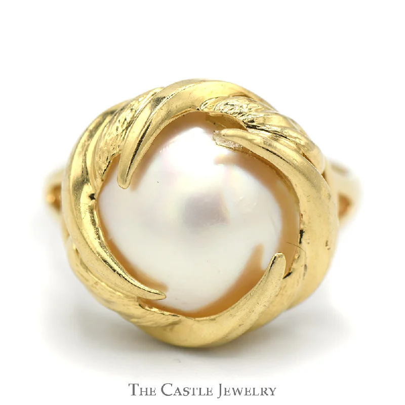 ladies rings stylish affordable -Mabe Pearl Ring with Wave Designed 10k Yellow Gold Mounting