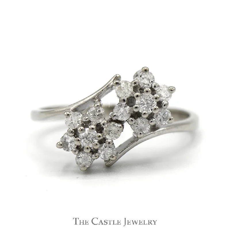 ladies rings gold elegant design -1/2cttw Double Flower Diamond Cluster Ring in 14k White Gold Bypass Design