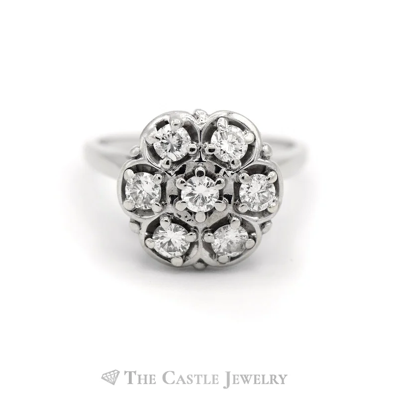 ladies rings budget friendly luxury -1CTTW 7 Diamond Cluster Ring with Cathedral Mounting in 14KT White Gold