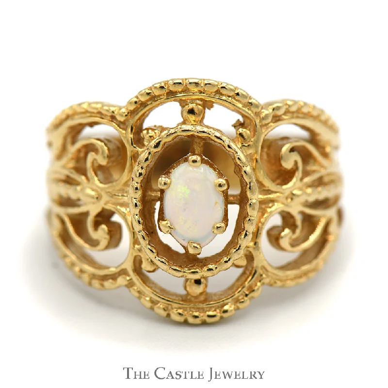 ladies rings with pink sapphire -Oval Opal Ring with Open Beaded Scroll Design in 14k Yellow Gold