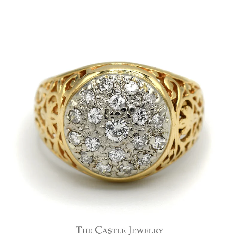 ladies rings with star detail -3/4cttw Diamond Kentucky Cluster Ring with Filigree Sides in 14k Gold