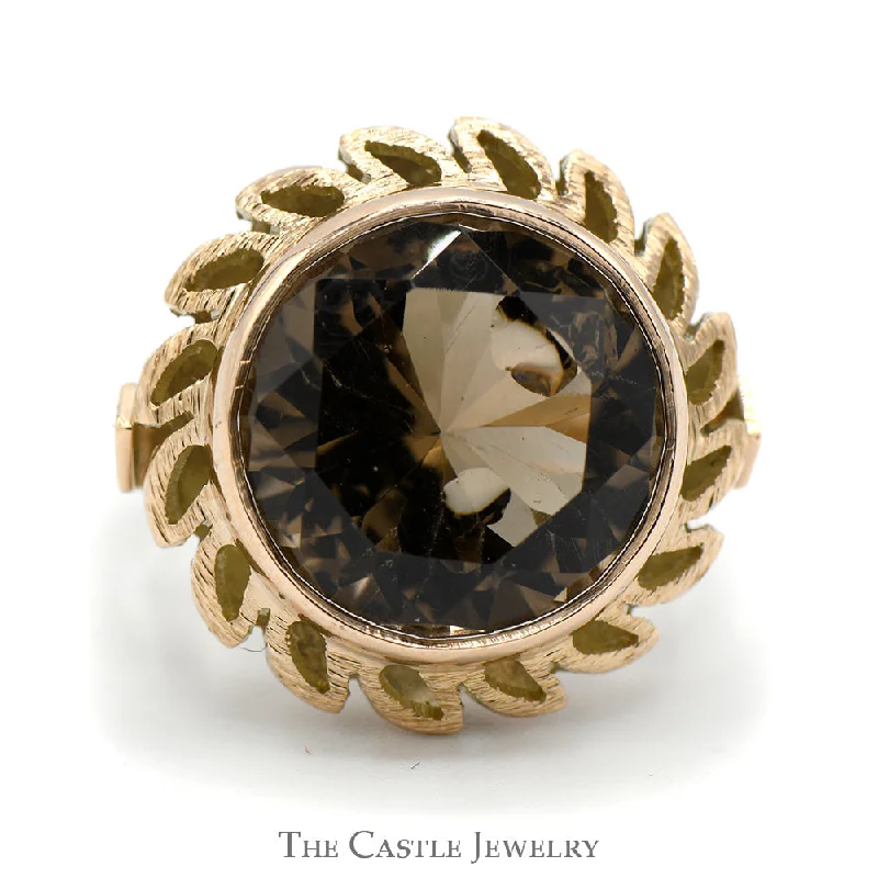 ladies rings geometric unique shape -Round Smokey Quartz Ring with Leaf Designed Open Bezel in 14k Yellow Gold