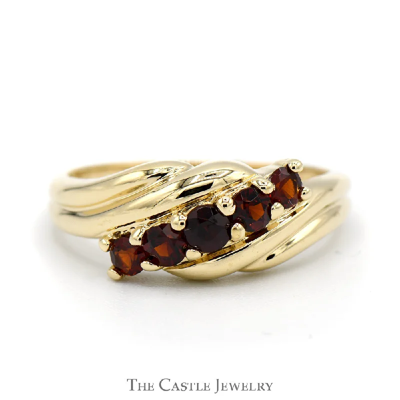 ladies rings with opal glow -Diagonally Set Garnet Ring in 14k Yellow Gold Bypass Design