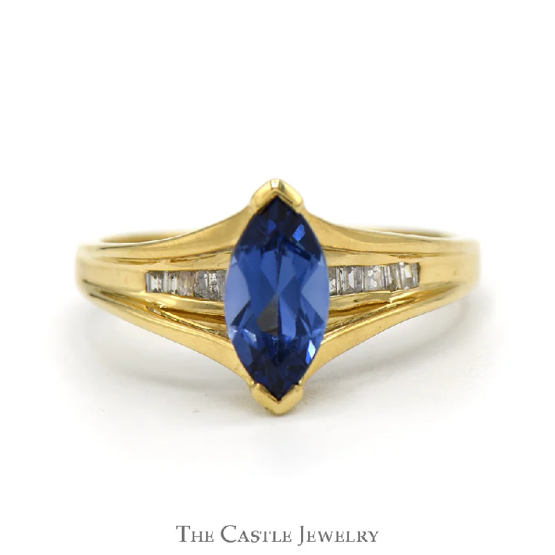 ladies rings with turquoise stone -Marquise Cut Tanzanite Ring with Channel Set Diamond Accents in 10k Yellow Gold