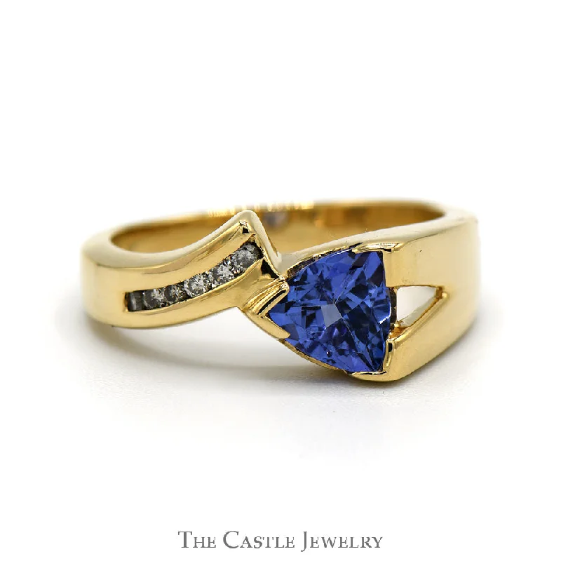 ladies rings classic timeless beauty -Trillion Cut Tanzanite Ring with Channel Set Diamond Accents in 14k Yellow Gold