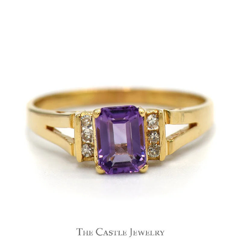 ladies rings with opal glow -Emerald Cut Amethyst Ring with Channel Set Diamond Accents in 14k Yellow Gold