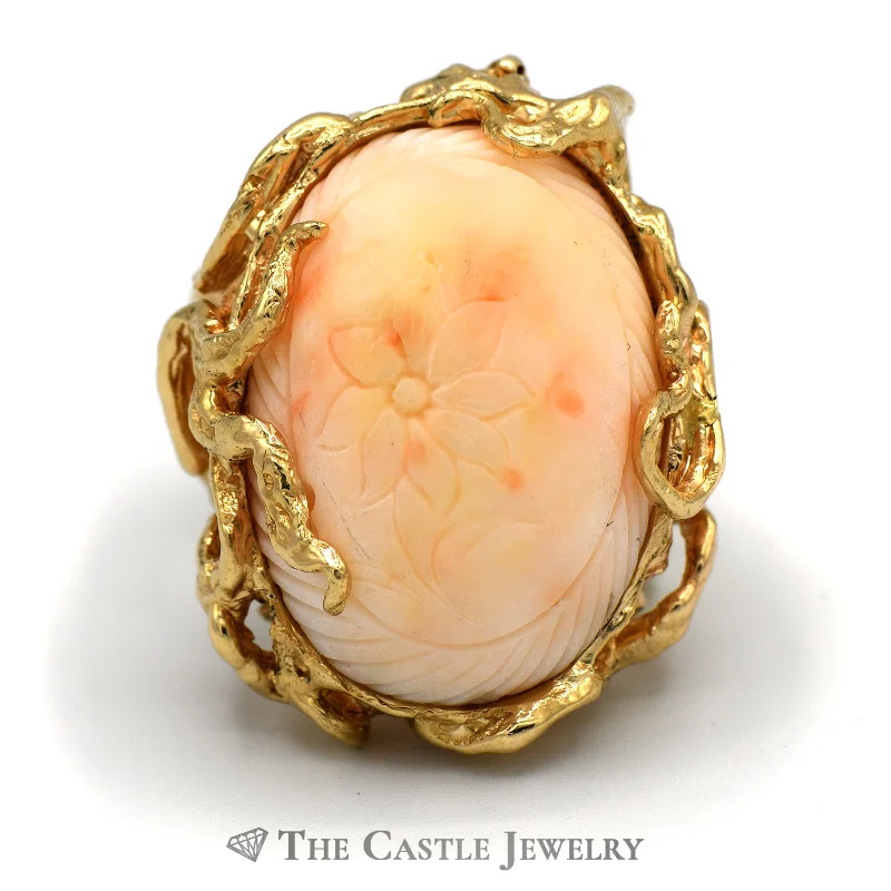 ladies rings white gold finish -Large Flower Engraved Coral Ring with Vine Designed Mounting in 14k Yellow Gold