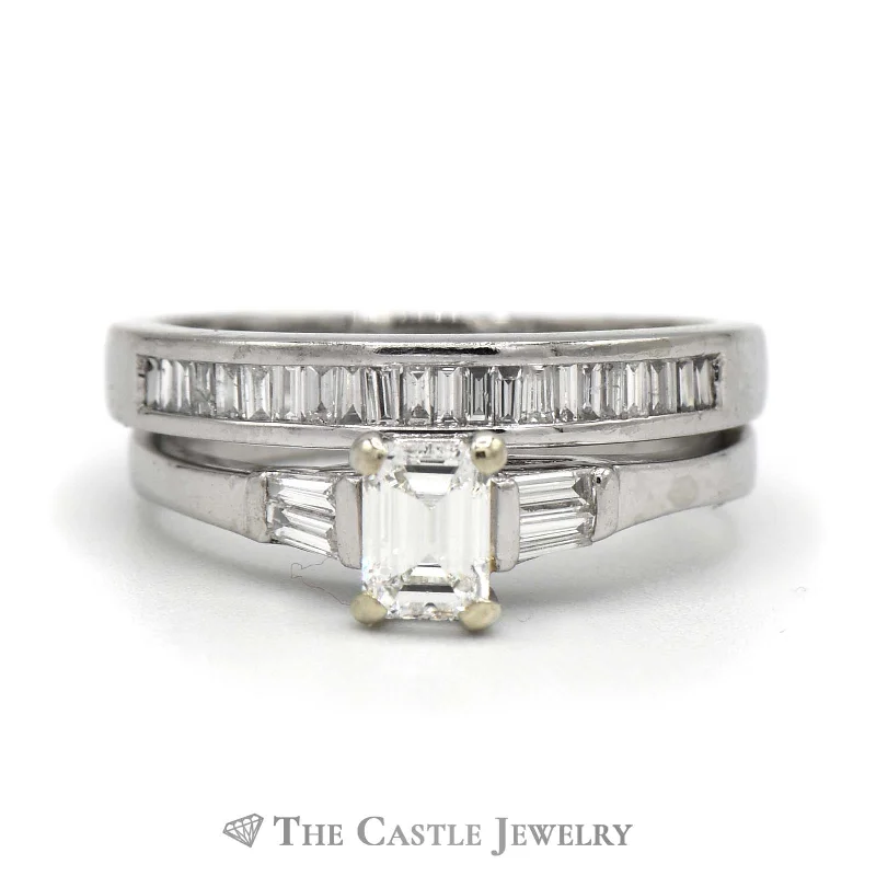 ladies rings with crystal accents -Emerald Cut Diamond Engagement Ring and Diamond Band Bridal Set in Platinum