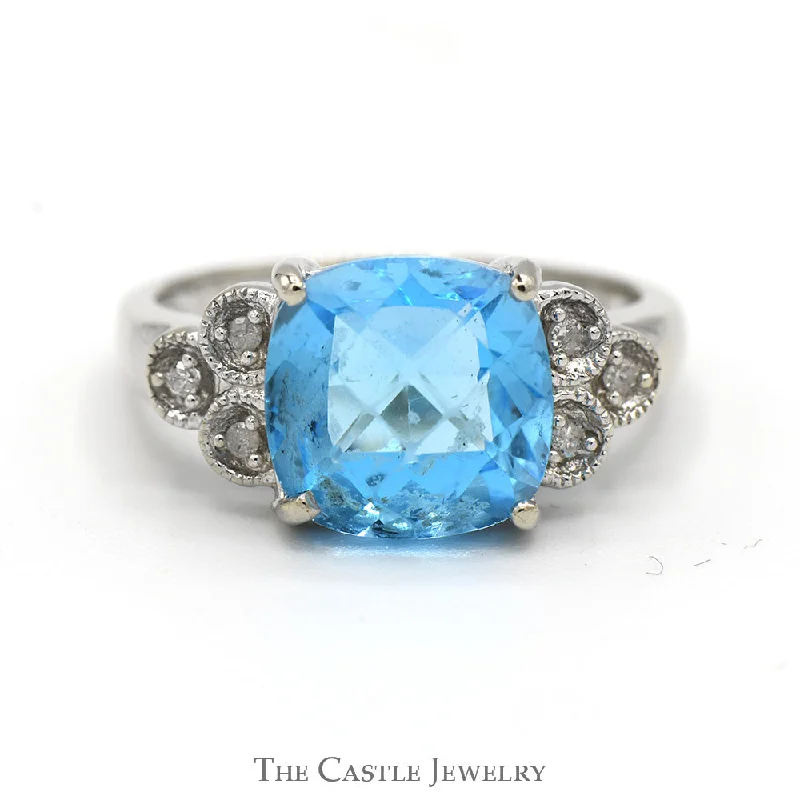 ladies rings stylish affordable -Cushion Cut Blue Topaz Ring with Diamond Cluster Accents in 14k White Gold