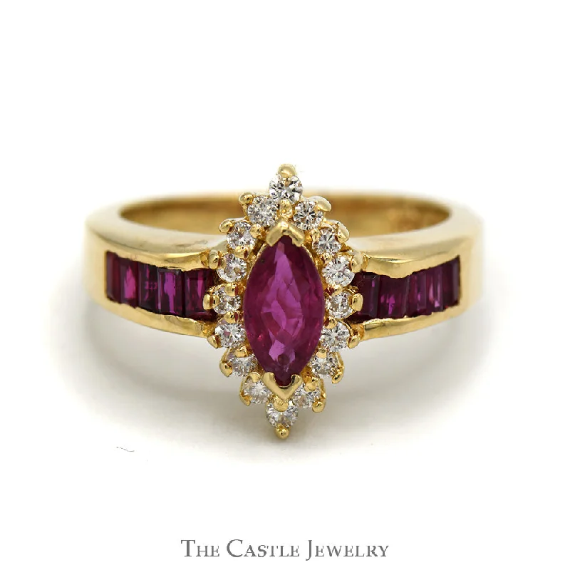 ladies rings adjustable size fit -Marquise Ruby Ring with Diamond Halo and Channel Set Ruby Baguettes