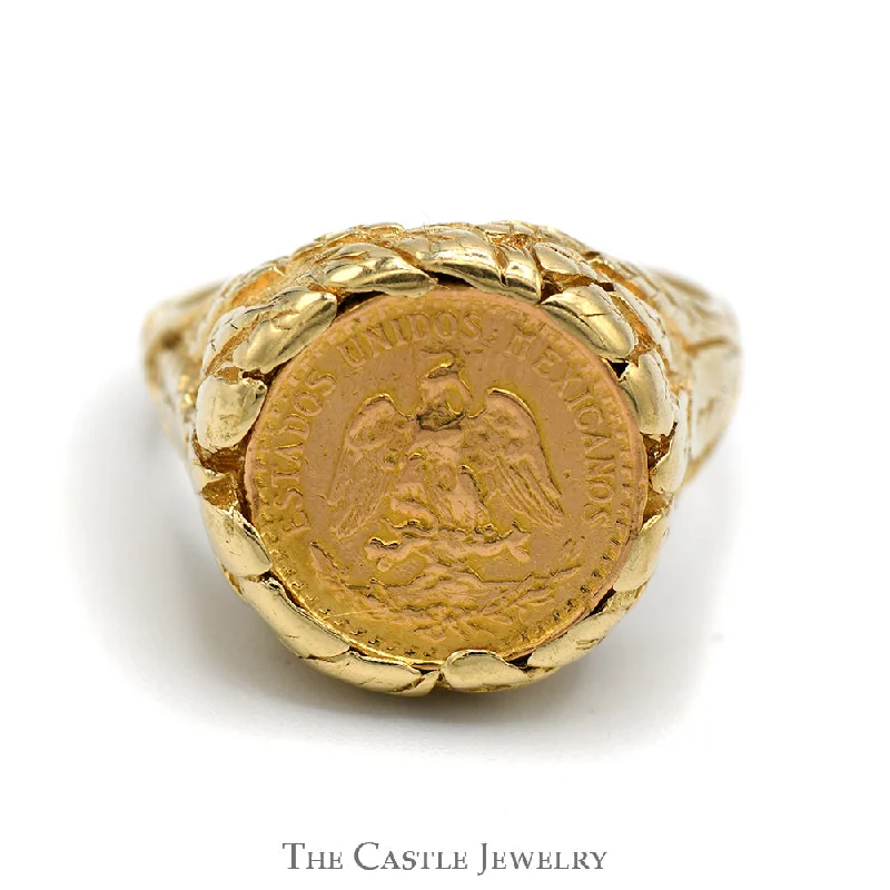 ladies rings with ruby red -Mexican Dos Pesos Coin Ring with Leaf Designed Textured Mounting in 14k Yellow Gold