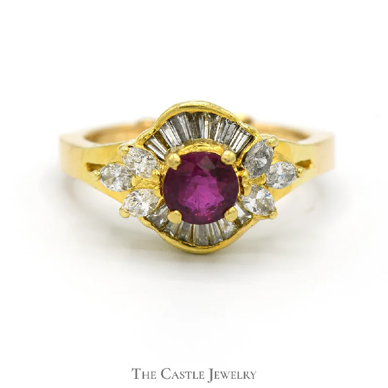 ladies rings with rainbow gems -Round Ruby Ring with Baguette and Marquise Diamond Accents in 18k Yellow Gold Arthritic Shank Setting