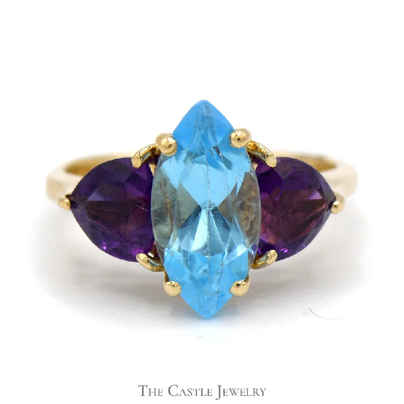 ladies rings platinum sleek finish -Marquise Shaped Blue Topaz Ring with Trillion Cut Amethyst Accents in 14k Yellow Gold