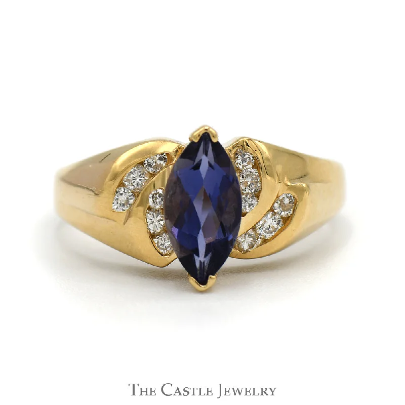 ladies rings with green emerald -Marquise Tanzanite Ring with Channel Set Diamond Accents in 14k Yellow Gold