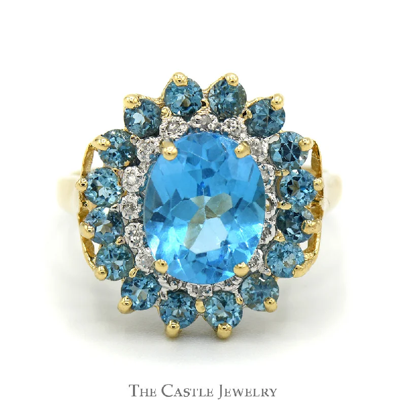 ladies rings for party wear -Oval Blue Topaz Ring with Blue Topaz & Diamond Halo in 14k Yellow Gold