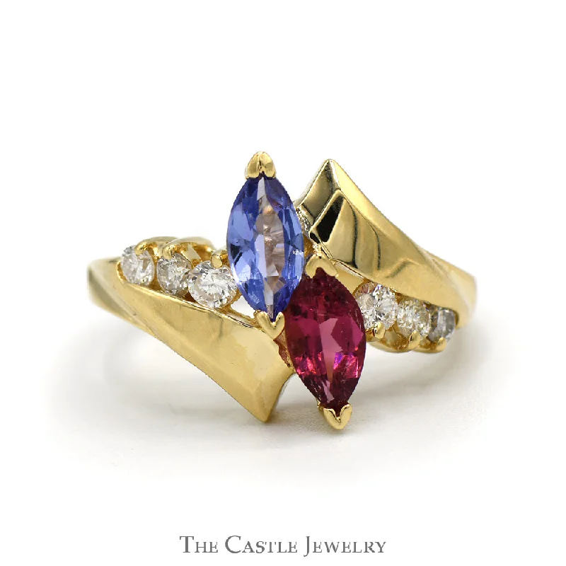 ladies rings with pink tourmaline -Marquise Cut Tanzanite & Rhodalite Garnet Ring with Diamond Accented Bypass Design in 14k Yellow Gold