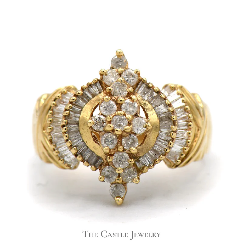 ladies rings sleek modern look -Marquise Shaped Round and Baguette Diamond Cluster Ring in 10k Yellow Gold