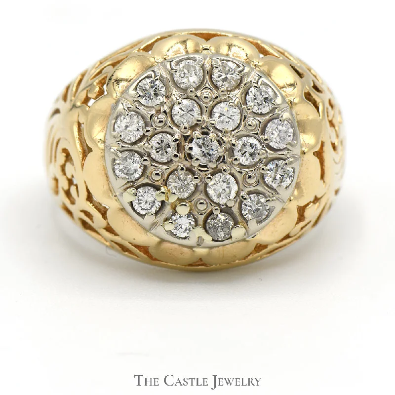 ladies rings chic modern design -1cttw Kentucky Diamond Cluster Ring in 14k Yellow Gold Filigree Mounting