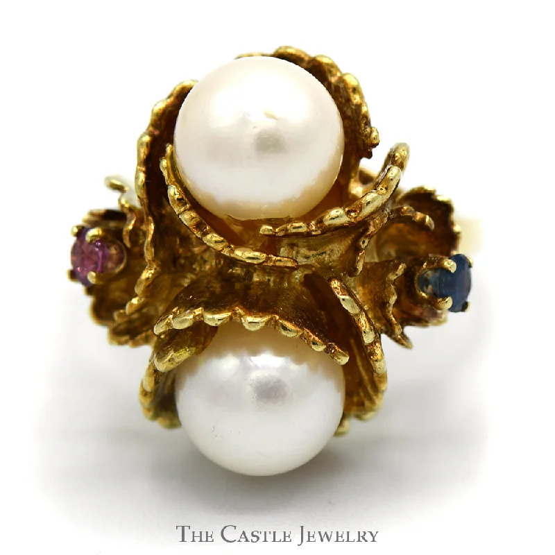 ladies rings personalized name engraving -Double Pearl Ring in Floral Setting with Sapphire & Ruby Accents in 14k Yellow Gold