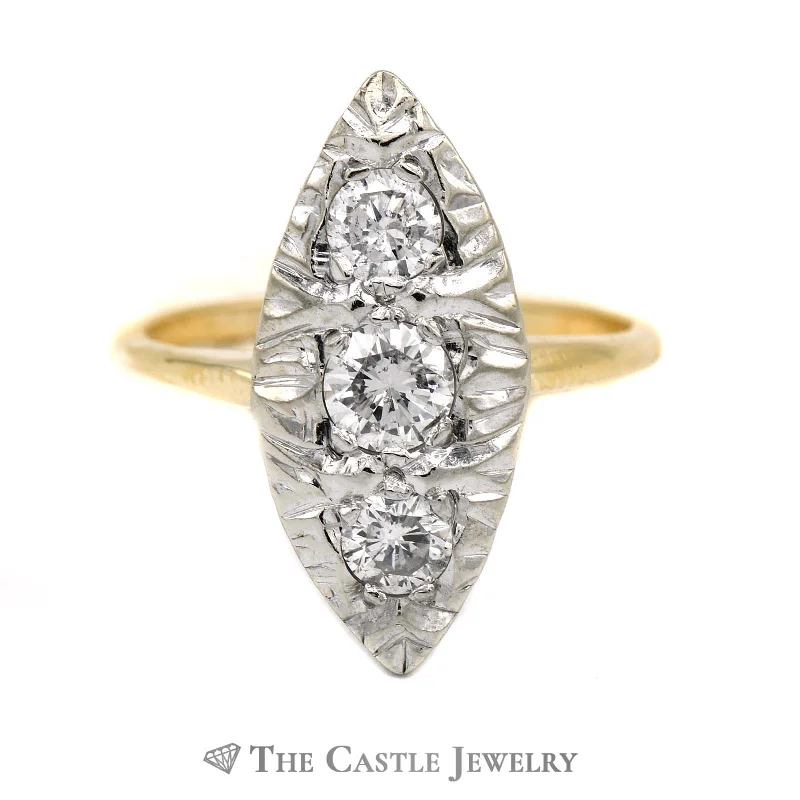 ladies rings vintage inspired look -Large Marquise Shaped 1cttw 3 Round Diamond Ring in 14k Yellow Gold