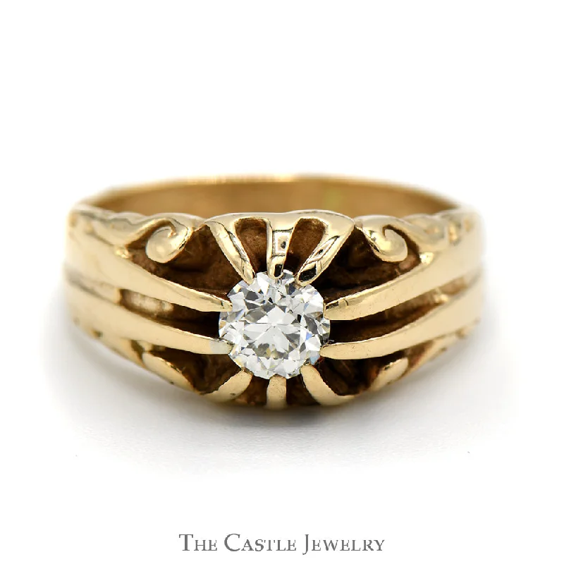 ladies rings silver minimalist style -1/2ct Old European Cut Diamond Solitaire Ring with Claw Design in 10k Yellow Gold