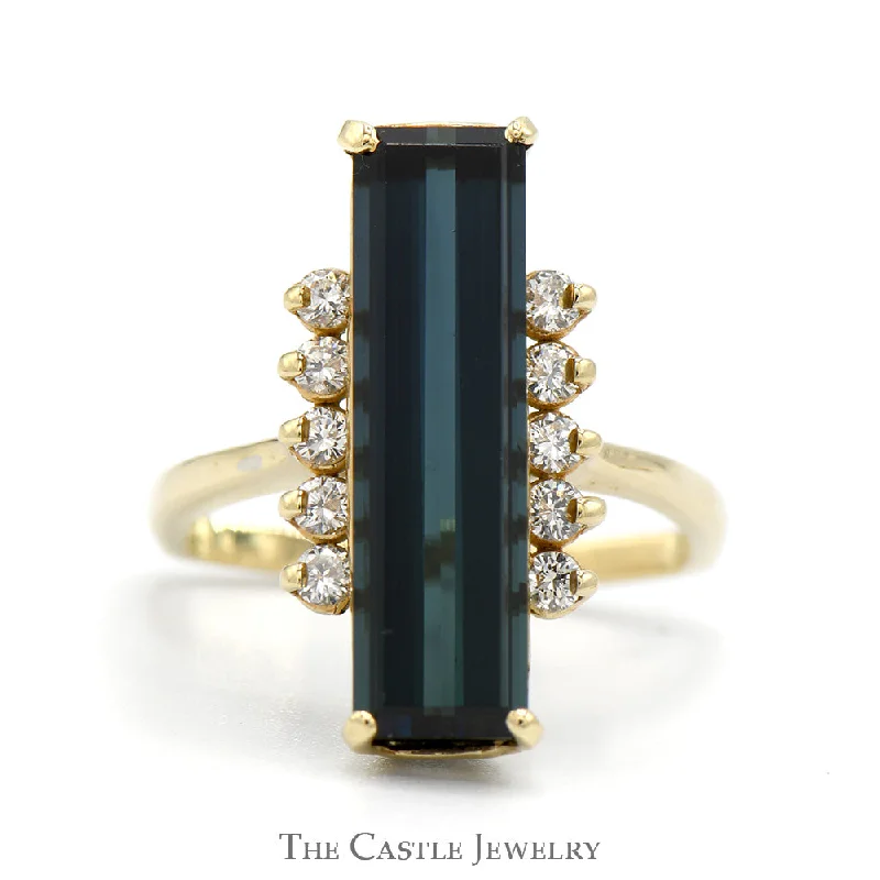 ladies rings adjustable size fit -Elongated Blue Tourmaline Ring with Round Diamond Accents in 10k Yellow Gold