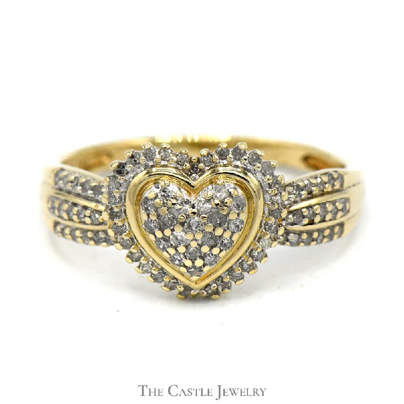 ladies rings stackable set design -1/2cttw Heart Shaped Diamond Cluster Ring with Diamond Halo and Accents in 10k Yellow Gold