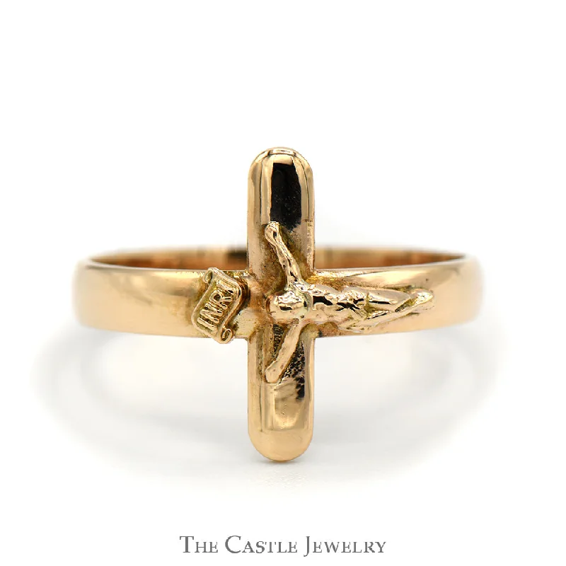 ladies rings dramatic bold look -Christ on The Cross Crucifix Ring in 10k Yellow Gold - Size 11