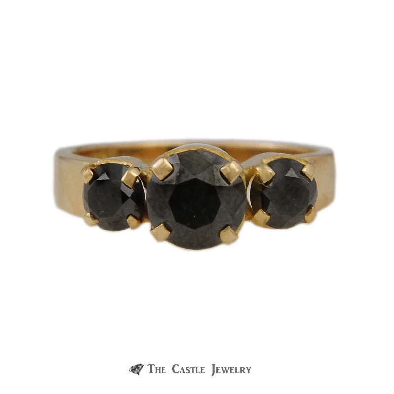 ladies rings with moonstone shine -Round Black Diamond 1.75cttw 3 Stone Ring in Wide 18K Yellow Gold Mounting