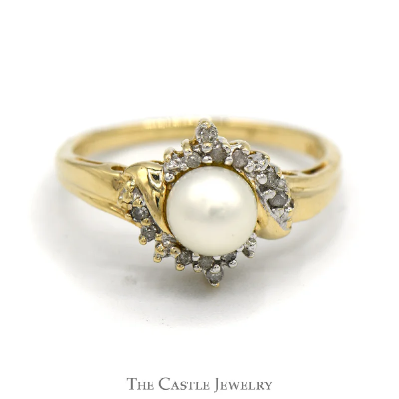 ladies rings dramatic bold look -Dainty Pearl Ring with Crossover Diamond Accent in 10K Gold