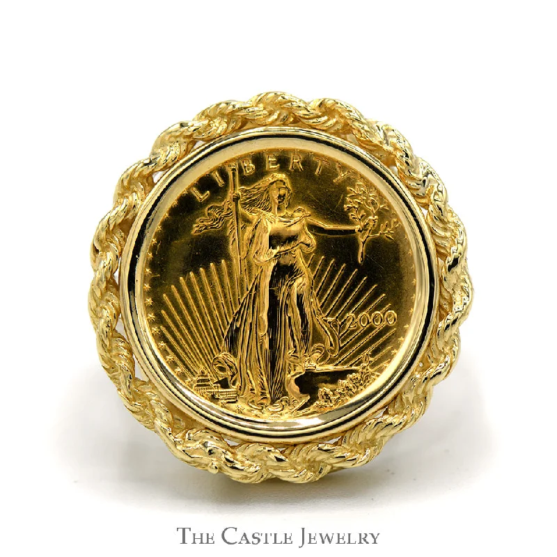 ladies rings platinum sleek finish -Liberty Coin Ring With Rope Bezel in 14 KT Yellow Gold