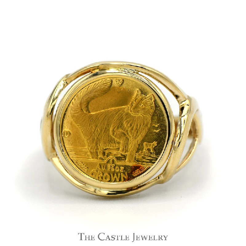 ladies rings boho chic vibe -24K Gold 1991 Isle of Man Elizabeth II Norwegian Forest Cat Coin Ring in 14k Yellow Gold Open Twist Mounting