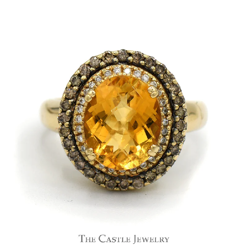 ladies rings lightweight daily comfort -Le Vian Oval Citrine Designer Ring with Chocolate & White Diamond Halos in 14k Yellow Gold