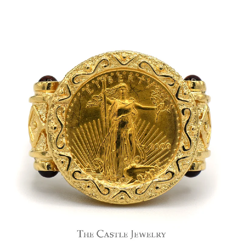 ladies rings romantic elegant design -Liberty Coin Ring with Garnet Accents and Ornate Scroll Design in 14k Yellow Gold