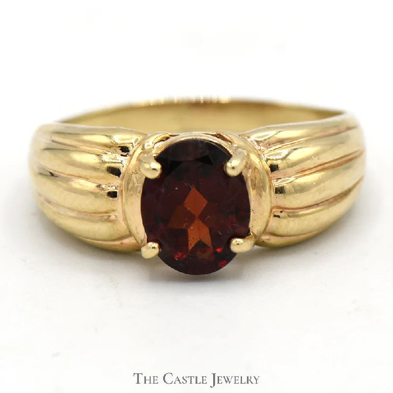 ladies rings for engagement proposal -Oval Garnet Ring with Ridged Sides in 10k Yellow Gold