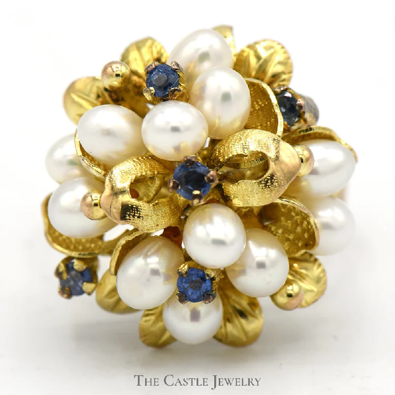 ladies rings hypoallergenic material -Pearl and Sapphire Flower Cluster Ring in 14k Brushed Leaf Designed Setting