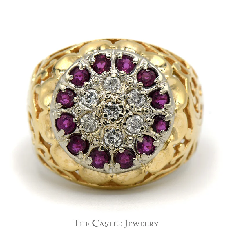 ladies rings for evening glamour -Ruby and Diamond Kentucky Cluster Ring with Open Filigree Sides in 10k Yellow Gold