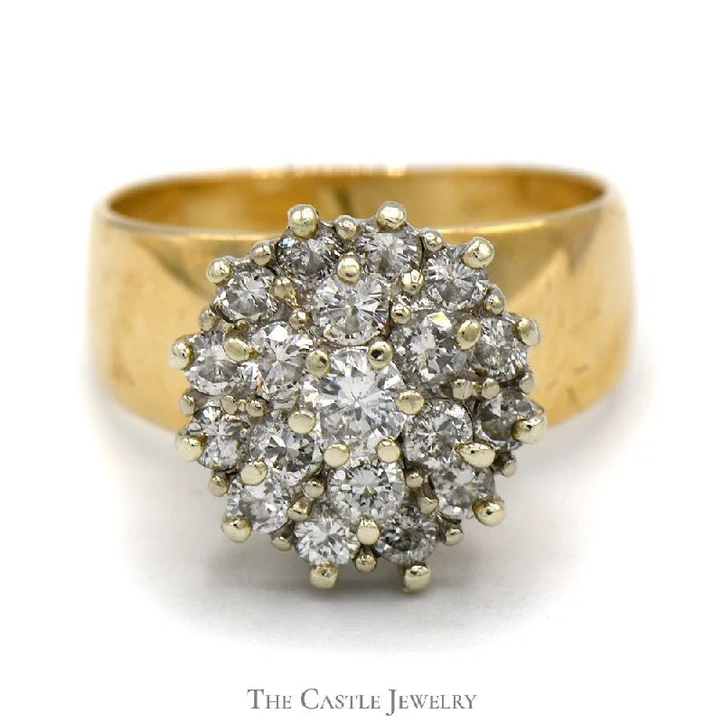 ladies rings simple chic elegance -1cttw Diamond Cluster Ring in Wide 14k Yellow Gold Band Setting