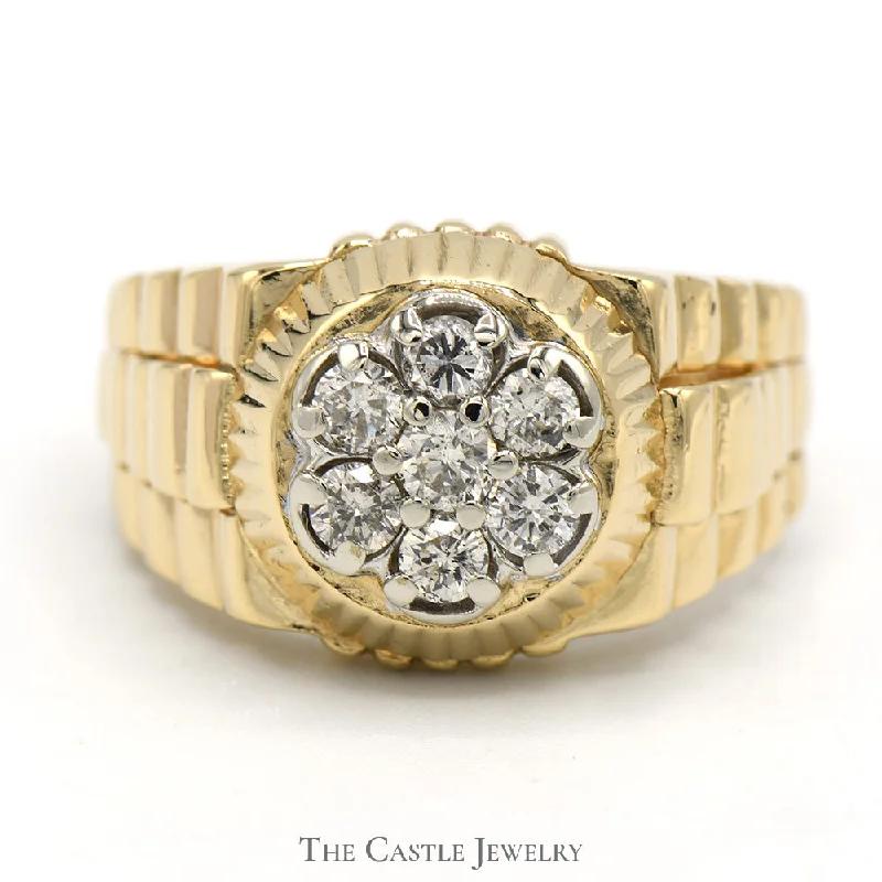 ladies rings with diamond accent -Men's 7 Diamond Cluster Ring with Ridged Bezel and Jubilee Style Sides in 14k Yellow Gold