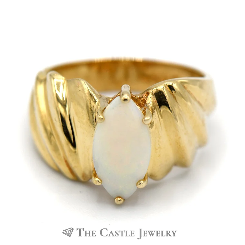 ladies rings for casual days -Marquise Shaped Opal Ring with Wavy 10k Yellow Gold Mounting