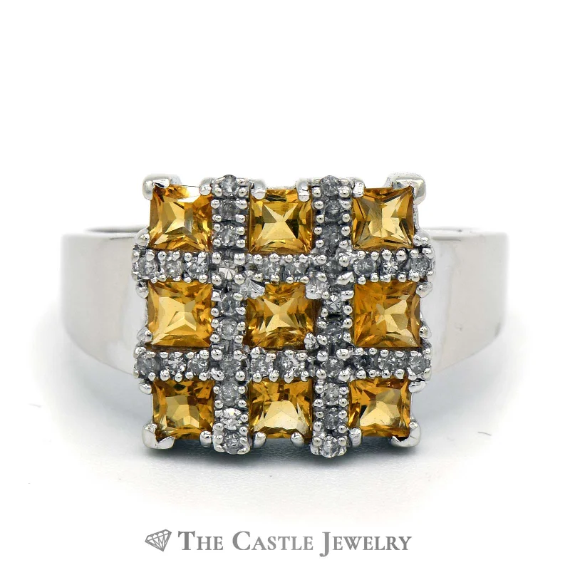 ladies rings with black onyx -Square Shaped Grid Design Citrine and Diamond Cluster Ring in 10K White Gold