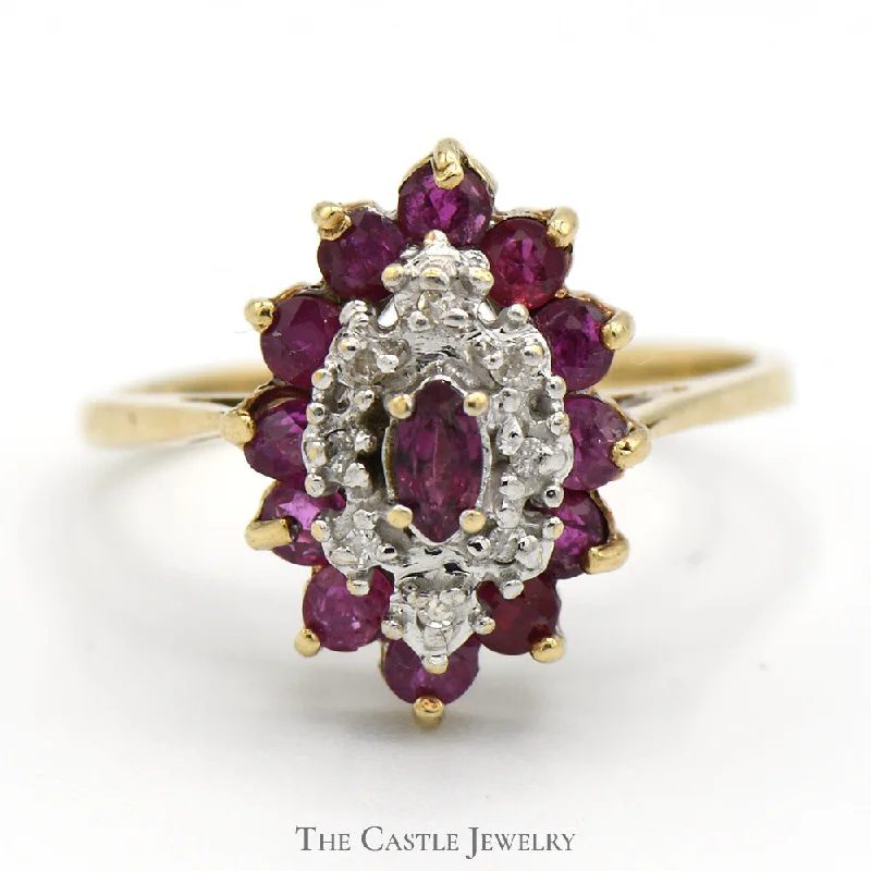 ladies rings delicate heart shape -Marquise Shaped Ruby and Diamond Cluster Ring in 10k Yellow Gold